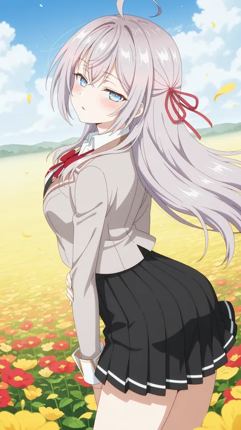 BREAK (masterpiece:1.2), best quality, high resolution, unity 8k wallpaper, (illustration:0.8), (beautiful detailed eyes:1.6),Twisting clouds forming a cyclone  
above an open red flower field,  
flowers bending sharply under wind pressure,  
air filled wi...