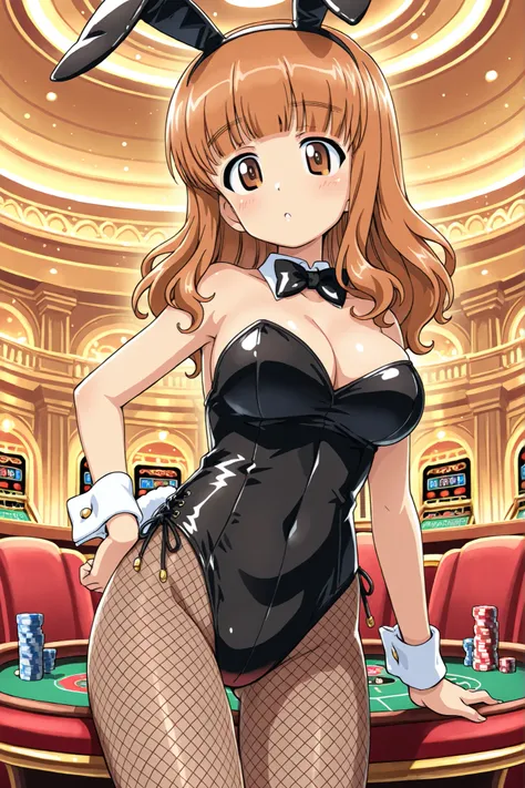 takebe saori \(girls und panzer\),playboy bunny,fishnet pantyhose,casino,solo, 