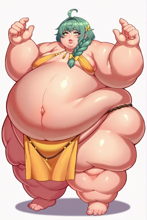 score_7_up, anime screencap, yellow eyes, braid, ahoge, hair bow, grey eyes, single braid, yellow bow, braided ponytail, mature female, small breasts, fabric clothes, loincloth, giant hands, giant feet, fat, chubby, obese, gigantic arms and legs, small bre...