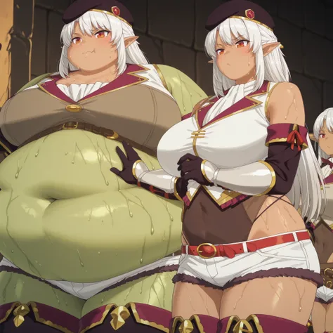 Becoming a orc, monster, silk amberwood (aparida), dark elf, long hair, white hair, pointy ears, red eyes, beret, adventurer outfit 2, white top, ribbon, detached sleeves, shoulder armor, black gloves, highleg leotard, leotard under clothes, white shorts, ...