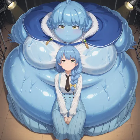 Becoming a slime girl, monster, aparida rain, long hair, bangs, green eyes, blue hair, yellow eyes, braid, ahoge, hair bow, grey eyes, single braid, yellow bow, braided ponytail, mature female, small breasts, skirt, shirt, long sleeves, white shirt, pleate...