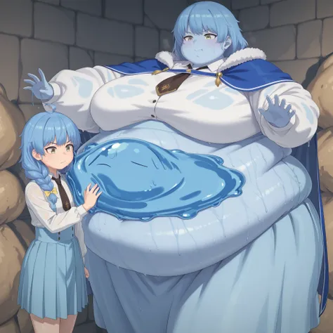 Becoming a slime, monster, aparida rain, long hair, bangs, green eyes, blue hair, yellow eyes, braid, ahoge, hair bow, grey eyes, single braid, yellow bow, braided ponytail, mature female, small breasts, skirt, shirt, long sleeves, white shirt, pleated ski...