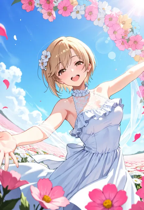 (Best Quality, super detailed, masterpiece, 8k, 16k, Wallpaper, Anatomically correct, fine detailed skin, fine detailed eyes, fine detailed hands, Accurate hands), summer day, blue sky, contrails, Dazzling sunlight, beautiful detailed sky, hight brightness...