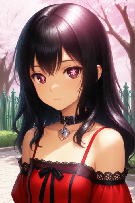 masterpiece, best quality, chest-up portrait, 1 small girl, petite, tiny chest, Latina, long wavy black hair, dark crimson eyes with serpentine pupils, soft tan skin, slight bored expression, red open-shoulder lolita dress with modest neckline, intricate b...