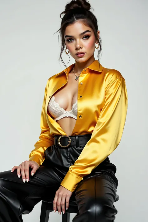 gorgeous model with a shiny yellow satin button down shirt with a lace flower bra underneath, low hanging necklace, loose leather cargo pants and a big belt, updo hair, sitting on a stool, power pose, professional photoshoot, white studio background