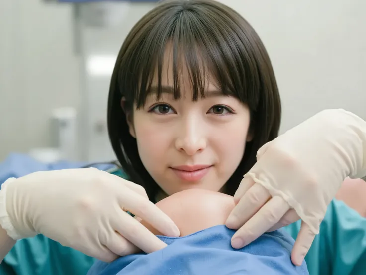 high resolution photo of a beautiful Japanese female surgeon lifting a surgical gown with her hands, Highest Quality, realistic, masterpiece, Great Quality, Intricate Details, Professional Lighting, solo, 1girl, Portrait, (Asuka:1.5), Long Hair, unkempt ba...