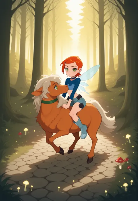 Gwen Tennyson . ginger . short hair . green eyes . flat breasts, flat chest, wide hips. gigantic ass, choker . | metasequoia_autumn,samoed,anime style, fairy girl, clearly straddling and riding on the back of a large fluffy fantasy samoed, seated with legs...