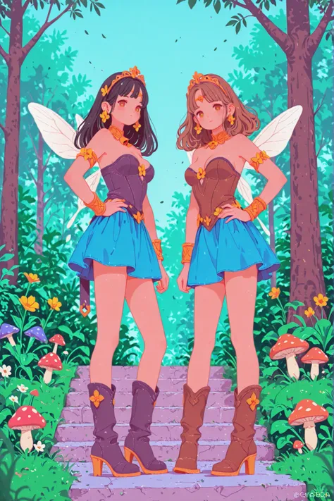 multiple_girls, 2girls, wings, flower, hand_on_hip, boots, fairy_wings, long_hair, brown_hair, black_hair, tiara, armlet, bare_shoulders, mushroom, breasts, high_heels, outdoors, high_heel_boots, brown_eyes, grass, bracer, blurry, knee_boots, skirt, lookin...