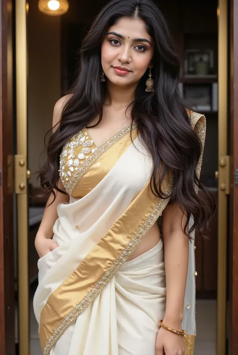 A full length photo of  malayali house wife, chubby cheecks, curly long  black hair, new innovative beautiful white and gold  designer saree and velvet  blouse,  in a nature resort in thailand,Looking at viewer, High Resolution, thick fat lips, a mole on h...