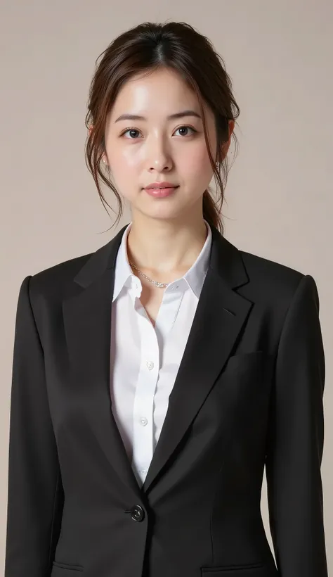  This is Japanese News Caster  NHK News.., serious expression,黒髪、髪型ショートカット、ウェーブヘア、office lady suit、black jacket、white shirt、ear piercing、necklace、歯を見せた笑顔、