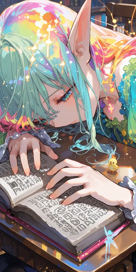 magic学校,class,magicの勉強,girl,Fairy,Elf,羽の生えたElf,magic,reading a book,sitting on a chair studying at a desk,colorful,close-up,anime chick,Safe Content (masterpiece, 最High Quality, High Quality, detailed background, complicated details,complicated,super high ...