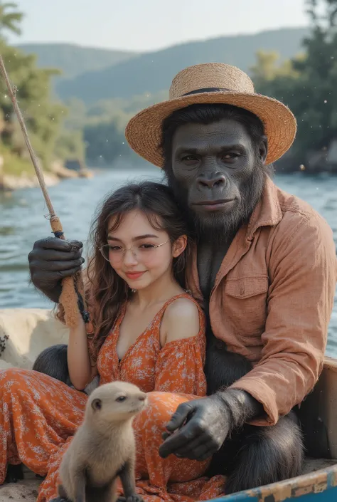 A gorilla wearing a straw hat and、with a dark-haired oriental beauty with bangs wearing stylish glasses、A small-clawed otter、enjoys trolling fishing on a cruiser、Wearing bohemian fashion summer clothes
