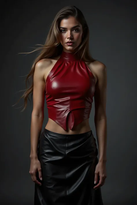 woman wearing a crimson leather turtleneck halter crop top and a black leather maxiskirt, long hair, dark grey natural studio background, studio lights behind her are pointing towards her