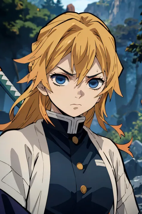 A detailed, blonde hair and striking green highlights, dressed in the style of the Demon Slayer anime, blue clothes, holding a katana sword, beautiful blue detailed eyes, extremely detailed eyes and face, intricate hairstyle, portrait, highly detailed, 8k,...