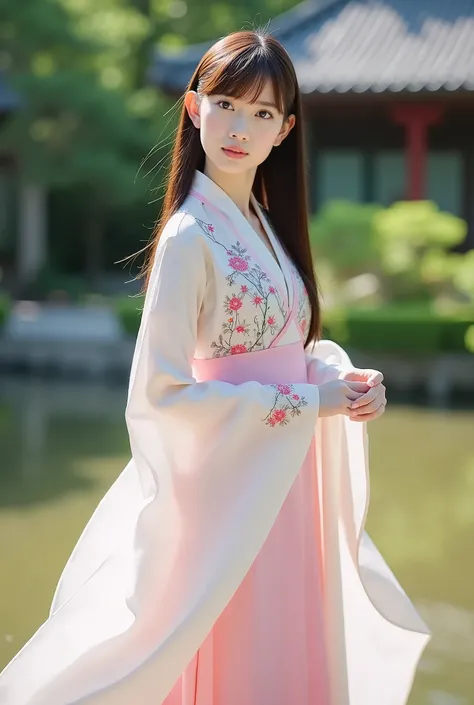 Beautiful Asian girl wearing an elegant silk hanbok dress with delicate embroidery, standing gracefully in a traditional Korean garden. The hanbok features soft pastel colors and flowing lines, complementing her serene expression. Mid-length shot with a sl...