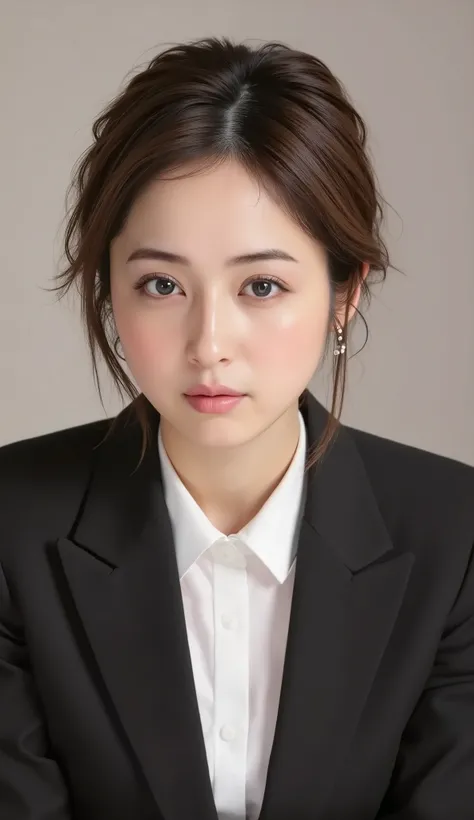  This is Japanese News Caster  NHK News.., serious expression,、歯を見せた笑顔髪型ショートカット、ウェーブヘア、office lady suit、black jacket、white shirt、ear piercing、necklace、dark eyeshadow