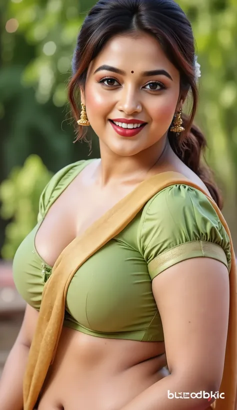 8k,indian gojes,beauty,curvy model,plus size ,big,bigboobs,big,ass,face portrait, ((Very Intense Makeup)) ((Red Lipstick)), smiling, long hair,brown hair, wavy hair, Voluptuous Woman, Plus-sized, curvy model Hot and sexy milf woman, gigantic breasts, cleav...