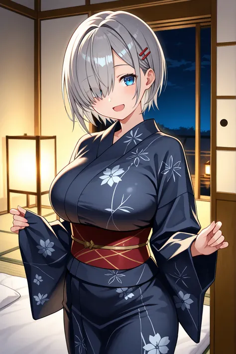 {{{masterpiece}}}, {{{best quality}}}, {{ultra-detailed}}, (detailed skin texture), hamakazekc, solo, grey hair, red hairpin, short hair, bangs, hair over one eye, blue eyes, large breast, dark blue yukata, cute smile, open mouth, standing in a traditional...