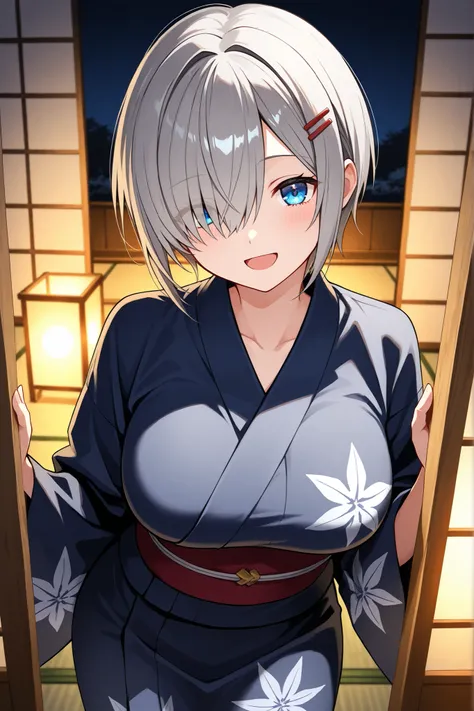 {{{masterpiece}}}, {{{best quality}}}, {{ultra-detailed}}, (detailed skin texture), hamakazekc, solo, grey hair, red hairpin, short hair, bangs, hair over one eye, blue eyes, large breast, dark blue yukata, cute smile, open mouth, standing in a traditional...