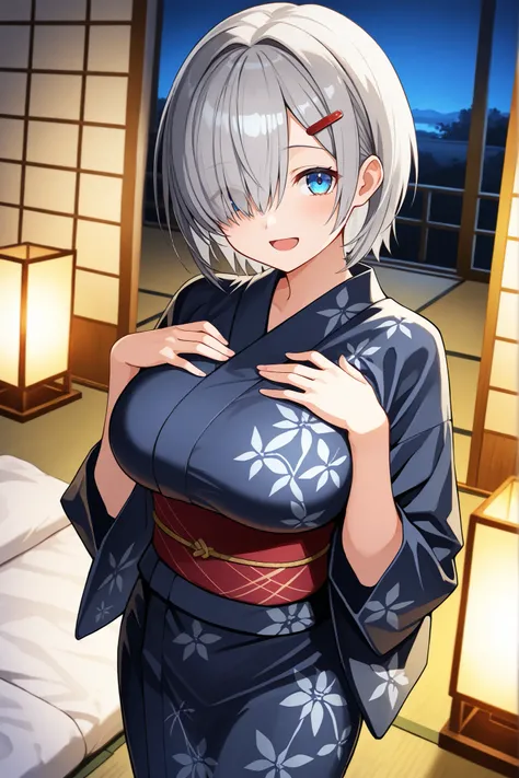 {{{masterpiece}}}, {{{best quality}}}, {{ultra-detailed}}, (detailed skin texture), hamakazekc, solo, grey hair, red hairpin, short hair, bangs, hair over one eye, blue eyes, large breast, dark blue yukata, cute smile, open mouth, standing in a traditional...