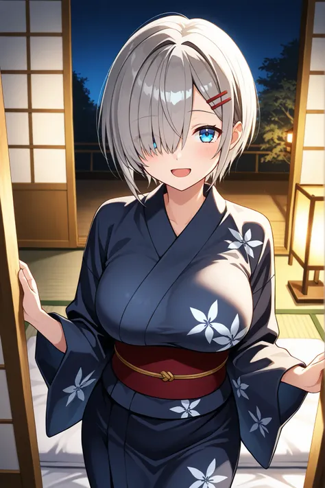 {{{masterpiece}}}, {{{best quality}}}, {{ultra-detailed}}, (detailed skin texture), hamakazekc, solo, grey hair, red hairpin, short hair, bangs, hair over one eye, blue eyes, large breast, dark blue yukata, cute smile, open mouth, standing in a traditional...
