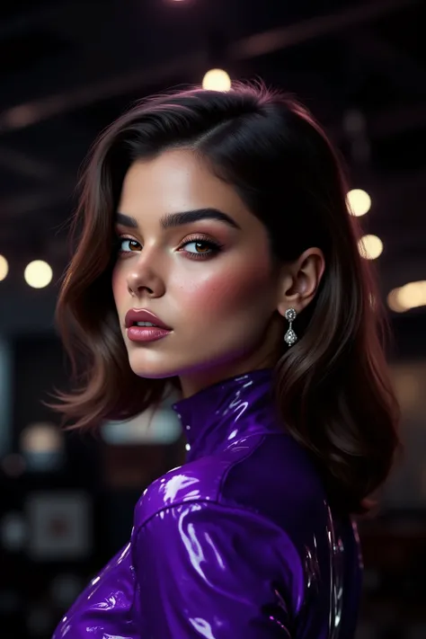 full body, beautiful brunette woman, purple latex blouse, detailed eyes and face, ultra-detailed hair, attractive appearance, confident gaze, long eyelashes, beauty, sexy, modern fashion style, fashionable,wet blouse, shiny latex material, vivid colors, st...