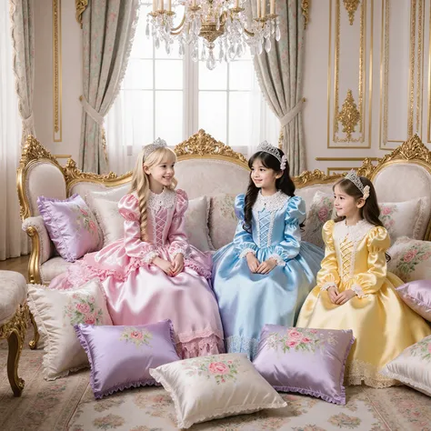 Lavish Palace, Four Beautiful little Princesses Surrounded by lot of pillows:2.0,14 years old,little girls,smile,Elegant Moments of Afternoon Tea, High End Fashion Photo Finish The Princesses in Delicate Lace and Silk Dresses:
- Princess in a Light Purple ...