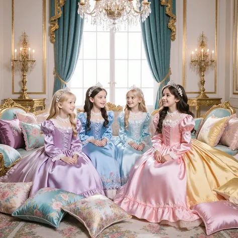 Lavish Palace, Four Beautiful little Princesses Surrounded by lot of pillows:2.0,14 years old,little girls,smile,Elegant Moments of Afternoon Tea, High End Fashion Photo Finish The Princesses in Delicate Lace and Silk Dresses:
- Princess in a Light Purple ...