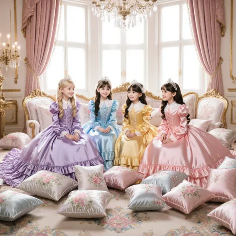 Lavish Palace, Four Beautiful little Princesses Surrounded by lot of pillows:2.0,14 years old,little girls,smile,Elegant Moments of Afternoon Tea, High End Fashion Photo Finish The Princesses in Delicate Lace and Silk Dresses:
- Princess in a Light Purple ...