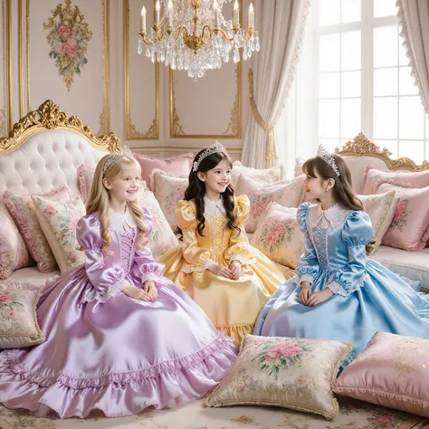 Lavish Palace, Four Beautiful little Princesses Surrounded by lot of pillows:2.0,14 years old,little girls,smile,Elegant Moments of Afternoon Tea, High End Fashion Photo Finish The Princesses in Delicate Lace and Silk Dresses:
- Princess in a Light Purple ...