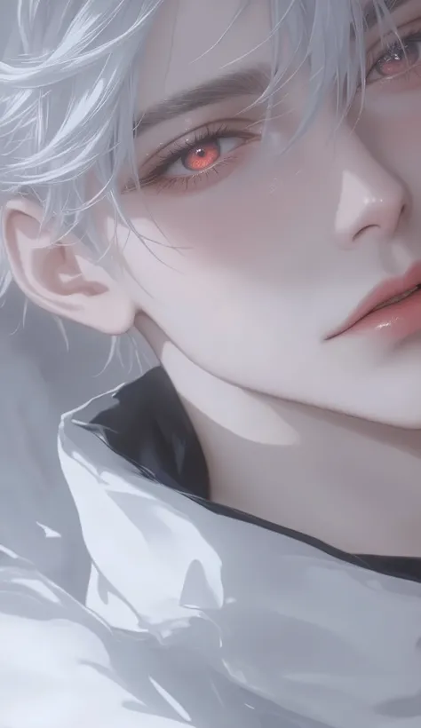 alone,unmarried man , high resolution , anime boy , Create a handsome man with pale skin using a soft color palette, firm body with abs ,( top quality),( Masterpiece), ((A beautiful, clear red iris)),( Beautiful silky white hair :1.2), pale skin, Film ...