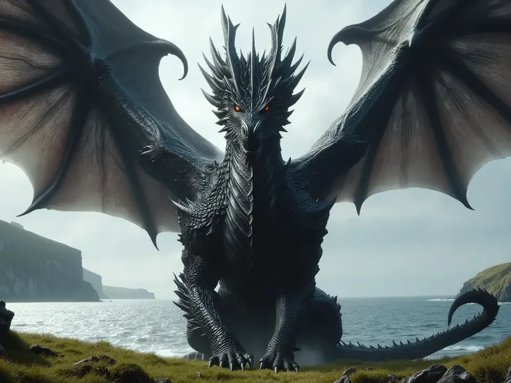 Immense Dragon
Wings: Immense, casting a shadow over the Sacrifice Cliff.
Color: Scales of inky black, almost iridescent, subtly shining in the sunlight like precious gemstones.
Eyes: Incandescent gold, as if containing an ancient fire.
Presence: Majes...