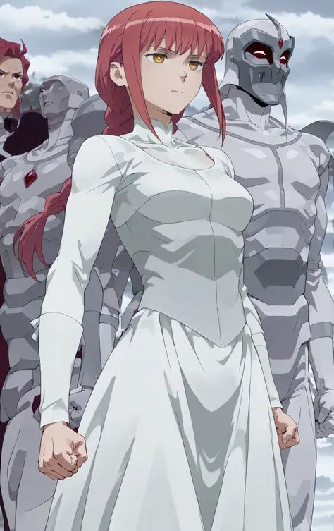 alta calidad, 1woman, makima ((makima)), caderas grandes, White Viltrumite Suit dress , She is upset, clenching her fist and frowning.