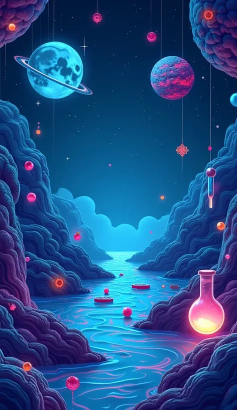 "Create a vertical illustration (9:16) to serve as the background for a TikTok science quiz. The atmosphere must be futuristic, intelligent and visually captivating. Incorporate graphic elements evoking different scientific disciplines : atomes, ADN, cellu...