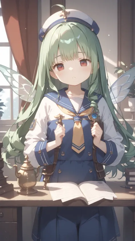 ((( masterpiece, Highest Quality , high resolution , detail )))), ((((Fantasy))), 1 person、 Little girl、young、immature limbs、green hair、long hair、 voluminous curly hair、red eyes、sailor suit, small, ((( Fairy Wings:1.8)), antique room、Studying at a desk、...