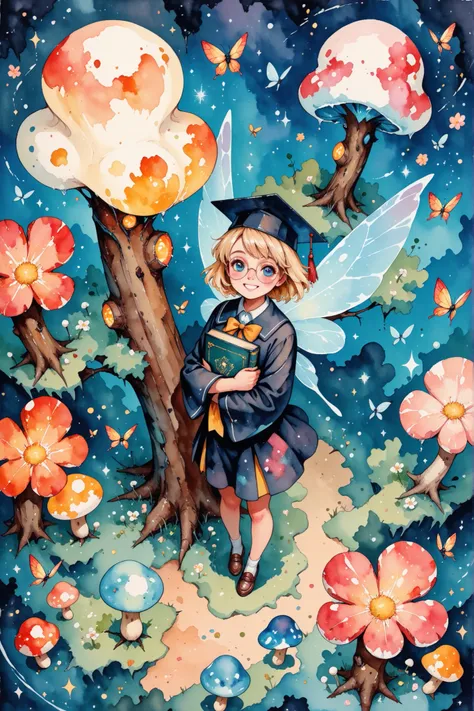 Watercolor,masterpiece, best quality, (ultra-detailed), perfect face, perfect anatomy, 8K wallpaper, cowboy-shot, wide-angle-view, (4 fairies flying), fairy wings, black academic gowns, mortarboard, hugging academic-books, round glasses, ash-grayish-blonde...