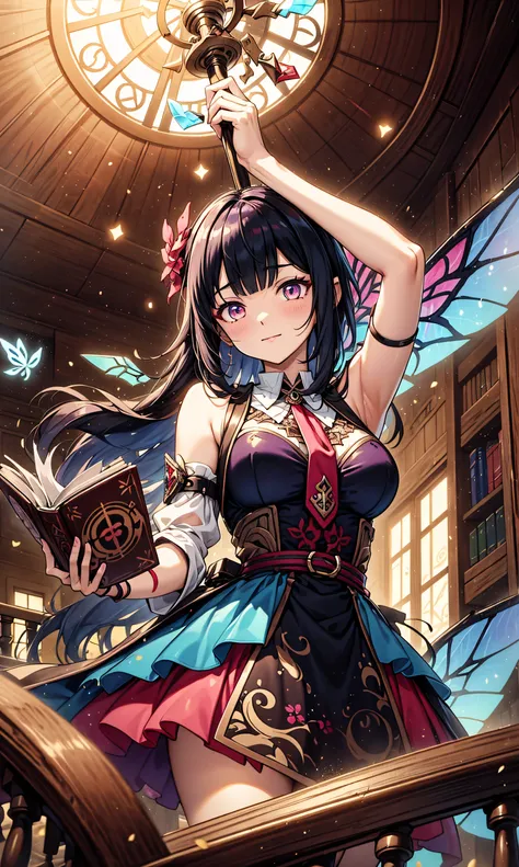 wrench_genshin_style,(Hook of Holland))(masterpiece after sex, best quality),dynamic angle,  heads down, ((close-up of a girl)), upper body, Portrait, ((Magic runes, Shining Rune, colorful runes)), ((Magic runes on arms)), ((Holding a book, Aerial, Floatin...