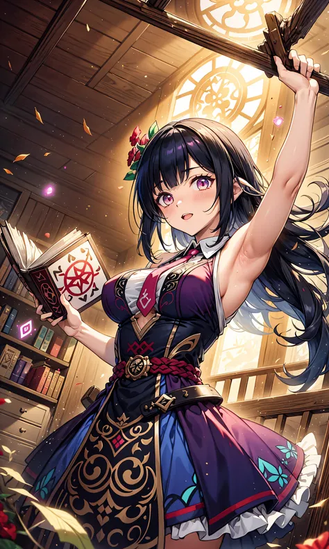 wrench_genshin_style,(Hook of Holland))(masterpiece after sex, best quality),dynamic angle,  heads down, ((close-up of a girl)), upper body, Portrait, ((Magic runes, Shining Rune, colorful runes)), ((Magic runes on arms)), ((Holding a book, Aerial, Floatin...