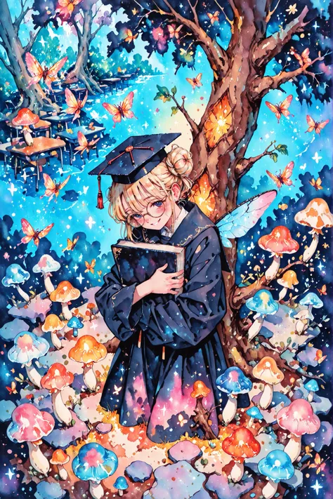 Watercolor,masterpiece, best quality, (ultra-detailed), perfect face, perfect anatomy, 8K wallpaper, cowboy-shot, wide-angle-view, 4person, (4 fairies flying), fairy wings, black academic gowns, mortarboard, hugging academic-books, round glasses, ash-grayi...