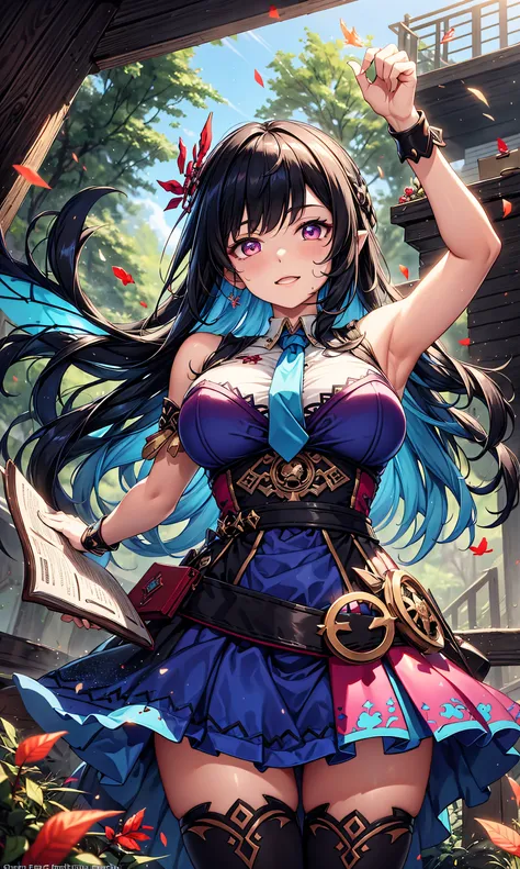 wrench_genshin_style,(Hook of Holland))(masterpiece after sex, best quality),dynamic angle,  heads down, ((close-up of a girl)), upper body, Portrait, ((Magic runes, Shining Rune, colorful runes)), ((Magic runes on arms)), ((Holding a book, Aerial, Floatin...