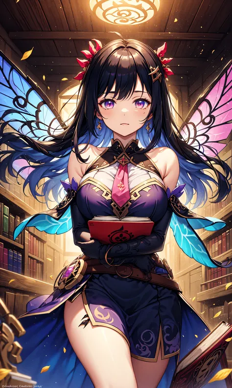 wrench_genshin_style,(Hook of Holland))(masterpiece after sex, best quality),dynamic angle,  heads down, ((close-up of a girl)), upper body, Portrait, ((Magic runes, Shining Rune, colorful runes)), ((Magic runes on arms)), ((Holding a book, Aerial, Floatin...