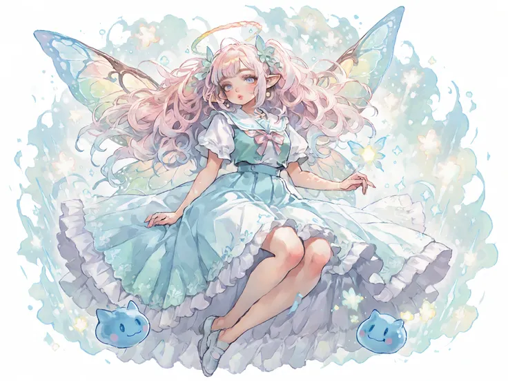 pastel colors, F_S_IChooseYou, thick lips, catslime, full body, fairy wings, school in the wood, detailed fantasy portrait, highly detailed, 8K, HDR, ultra-fine painting, vivid colors, delicate, whimsical, ethereal, luminous, magical realism,Gathering of fairies