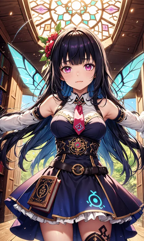 wrench_genshin_style,(Hook of Holland))(masterpiece after sex, best quality),dynamic angle,  heads down, ((close-up of a girl)), upper body, Portrait, ((Magic runes, Shining Rune, colorful runes)), ((Magic runes on arms)), ((Holding a book, Aerial, Floatin...