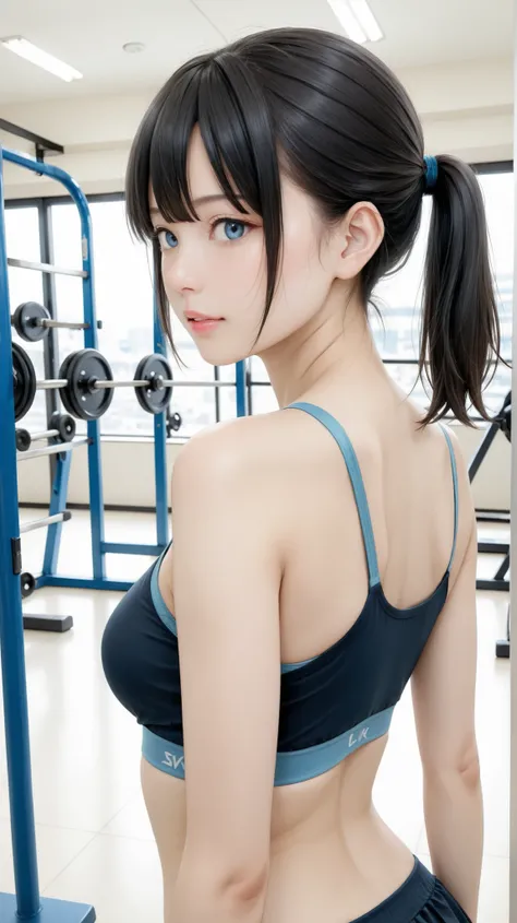 (Highest Quality)、(masterpiece)、8k、very detailed、Detailed light、Slim、detailed face、detailed eyes、Beautiful Eyes、Chest Valley、short ponytail、black blue nylon dress、Slit、 T-back、blue see-through nylon sports bra、Shoulderless