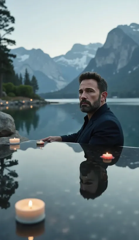 Ben AFFLECK focusing on the face in the mega-real background Still water mirror with small ripples, small candles floating, mountains in the background covered by fog, trees reflected in water, Total Silence .