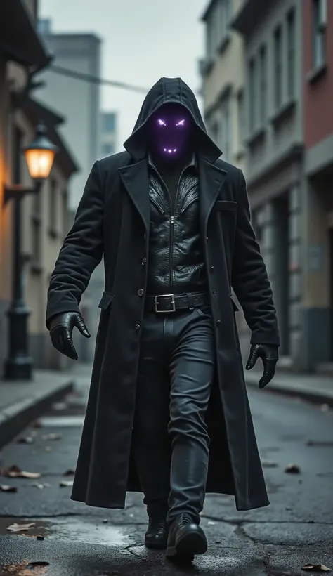 Ben AFFLECK as Noob Saibot (Bi-Han sombrio)
Black armor with spectral texture, faceless mask with inner purple glow, shadow behind the body.
Scenario: Gothic city alley, with lighting from old poles and dense shadows.