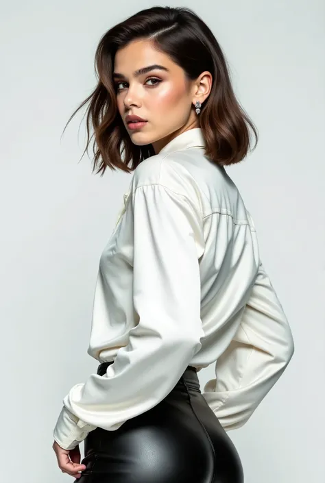 backview of Hailee Steinfeld, American actress with hazel eyes wearing a shiny white satin button down shirt, black leather pants, looking over her shoulder at the viewer, white studio background