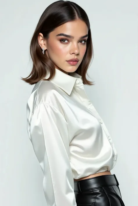 backview of Hailee Steinfeld, American actress with hazel eyes wearing a shiny white satin button down shirt, black leather pants, looking over her shoulder at the viewer, white studio background