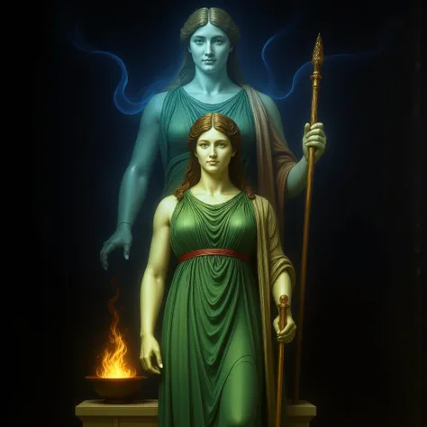 A mythological scene from Ancient Greece, focusing exclusively on the statue of the goddess Hera. The statue is centered in the composition, facing the viewer. It is made of white marble and painted as in antiquity: a green dress with red details, brown ha...