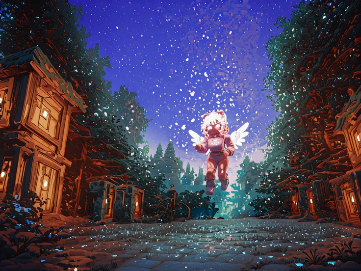 The fairy school hides in the heart of a magical forest at dusk, bathed in soft shades of blue and purple. Ancient trees with bioluminescent leaves rise around, forming natural arches over enchanted buildings made of living wood, giant petals and shimmerin...